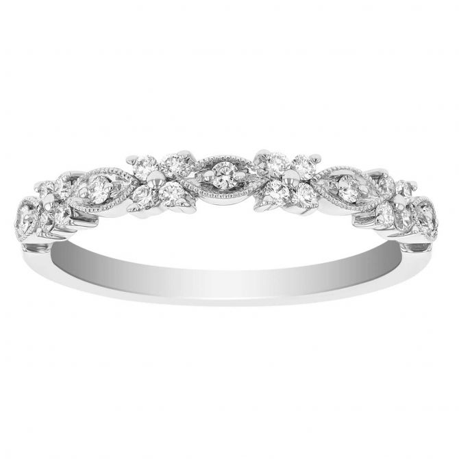 Diamond Milgrain Flower & Marquise Patterned Wedding Band in White Gold