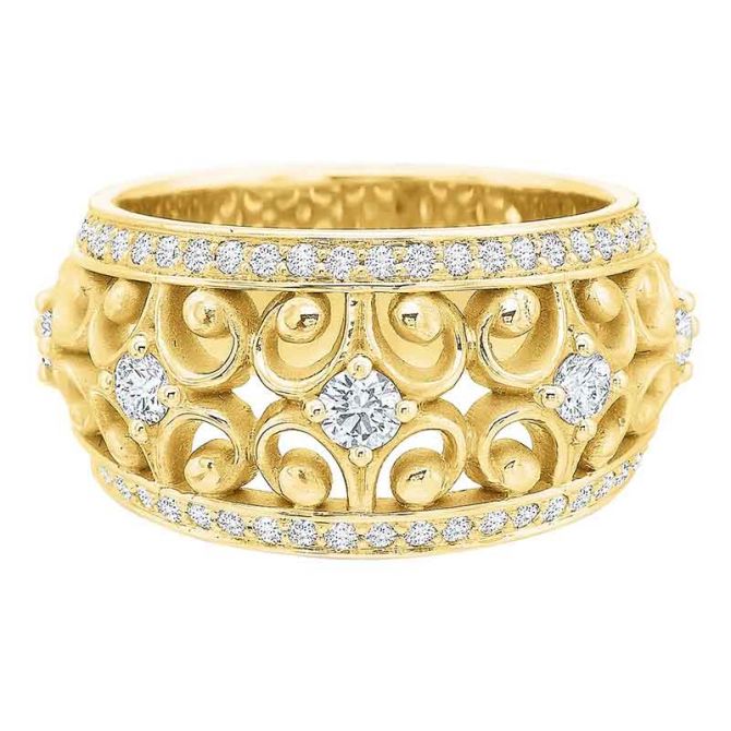 Diamond Scrollwork Wide Wedding Band in Yellow Gold