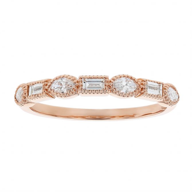 14K Rose Gold Marquise & Baguette Diamond Milgrain Wedding Band