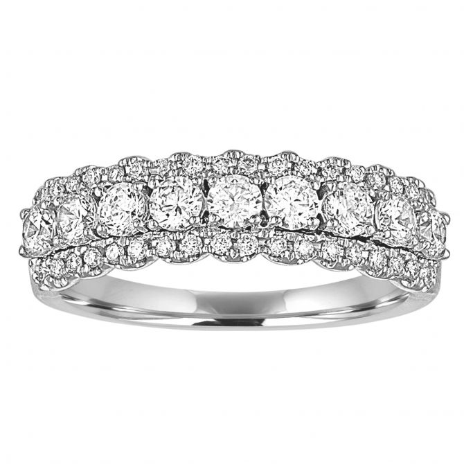 Diamond 3 Row Scalloped Half Shank Wedding Band in White Gold