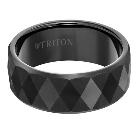 Black Tungsten Faceted Diamond Pattern 9 mm Wedding Band, Size 10