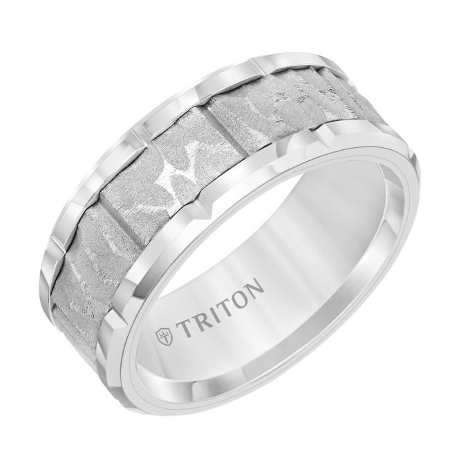 White Tungsten Comfort Fit Sandblast Brick Pattern 9 mm Wedding Band, Size 10