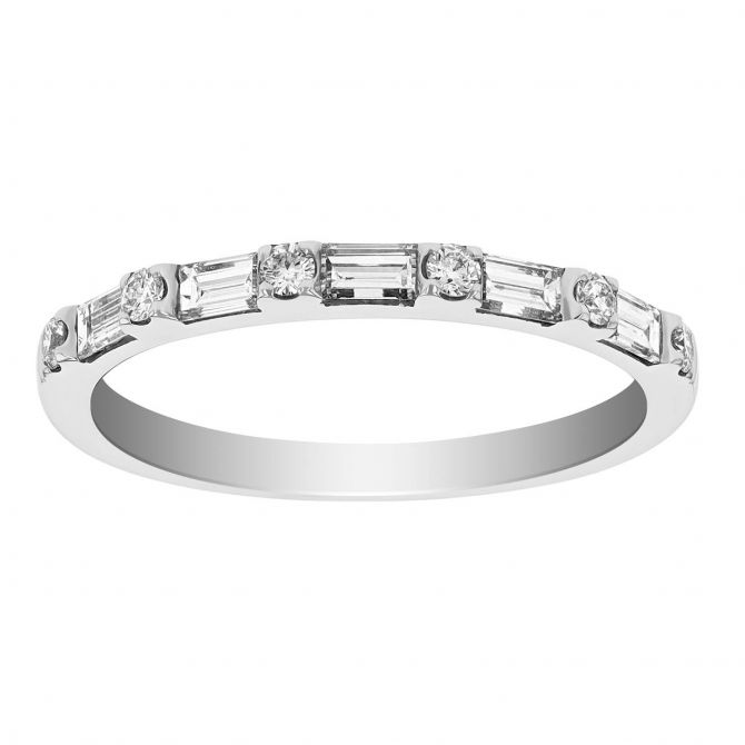 Baguette & Round Diamond Alternating Wedding Band in White Gold, 0.35 cttw