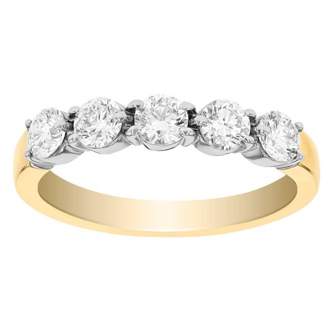 Round Diamond 5 Stone Wedding Band in White & Yellow Gold, 0.75 cttw