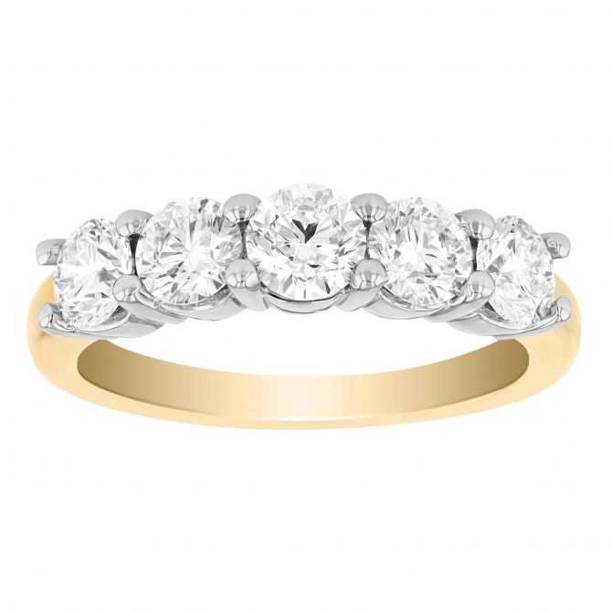 Round Diamond 5 Stone Wedding Band in White & Yellow Gold, 1.25 cttw