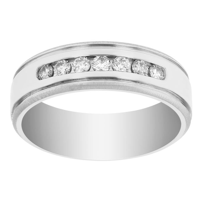 Diamond Channel Set Grooved Wedding Band in 14K White Gold, Size 10