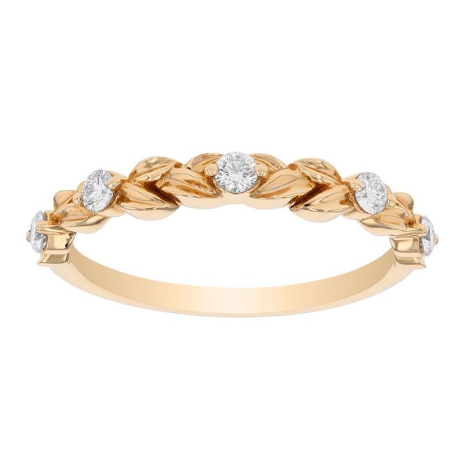 Five Diamond Laurel Pattern Wedding Band in 14K Yellow Gold