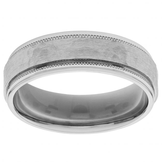 White Gold Hammered 6 mm Wedding Band with Milgrain Edge, Size 6.75