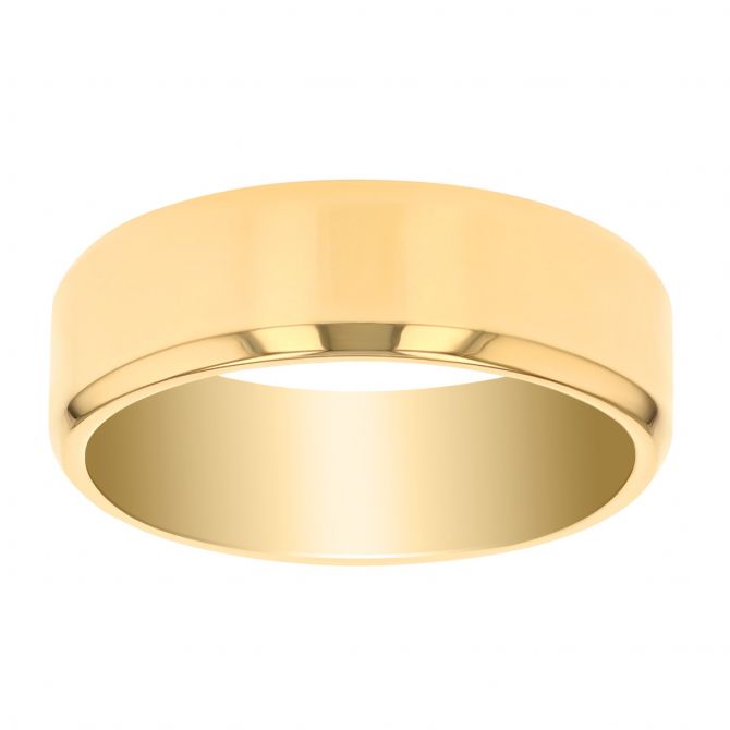 6 mm Comfort Fit Flat Wedding Band with Beveled Edge in Yellow Gold, Size 6