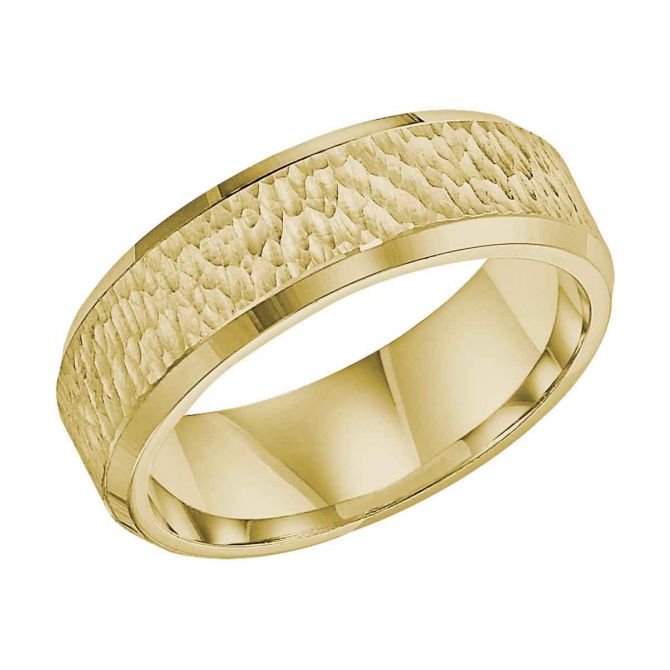 Yellow Gold Comfort Fit Hammered Wedding Band with Beveled Edge, Size 7