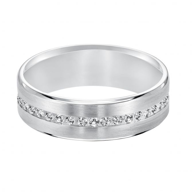 Diamond Channel Set Satin Finish Wedding Band in White Gold, Size 7