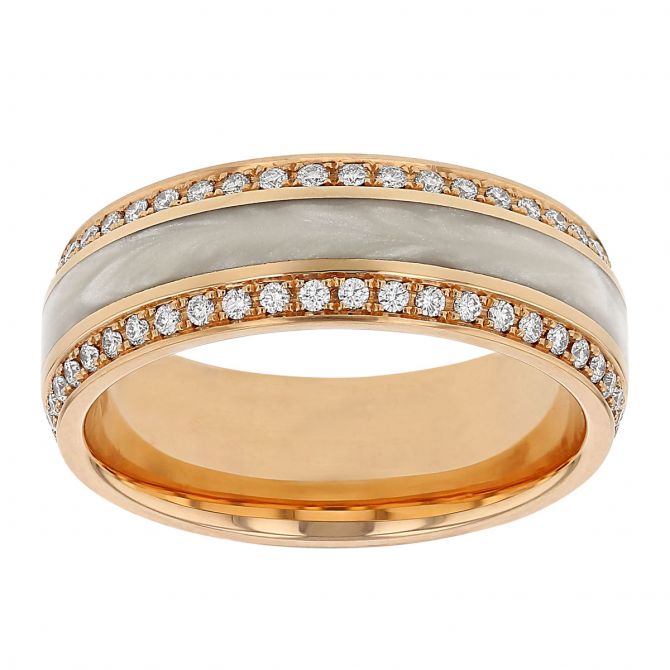 Furrer-Jacot Diamond Wedding Band in Rose Gold with White Ceramic Inlay, Size 7