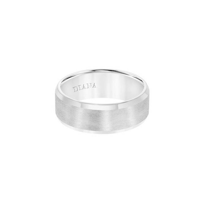 White Gold 8 mm Comfort Fit Brushed Finish Beveled Wedding Band, Size 10