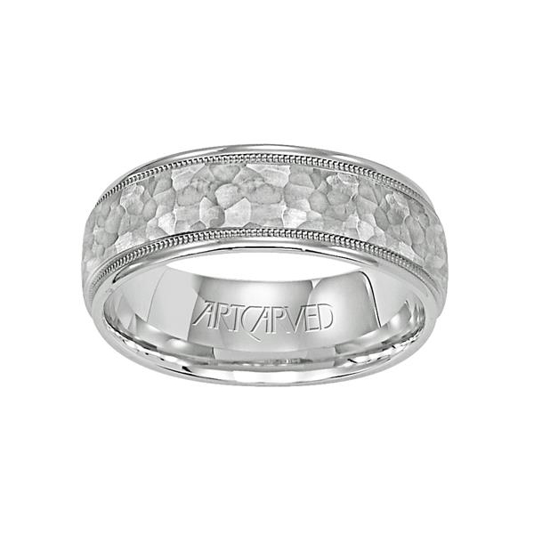 ArtCarved 14K White Gold Hammered & Milgrain Wedding Band