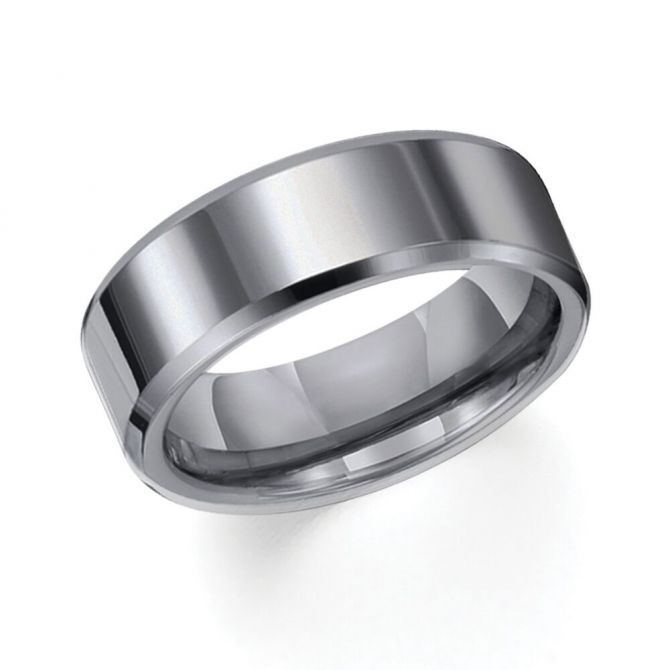 Tungsten 8 mm Comfort Fit Flat Wedding Band Beveled Edge, Size 10