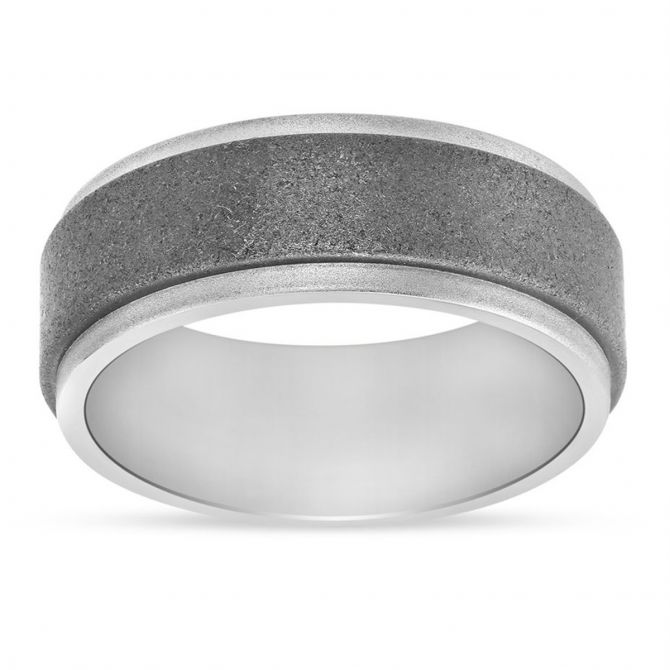 White Gold & Tungsten 8mm Matte Finish Step Edge Wedding Band, Size 10