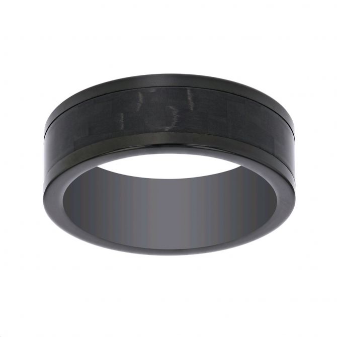 Black Tungsten 8 mm Comfort Fit Flat Wedding Band with Black Carbon Fiber Inlay, Size 10