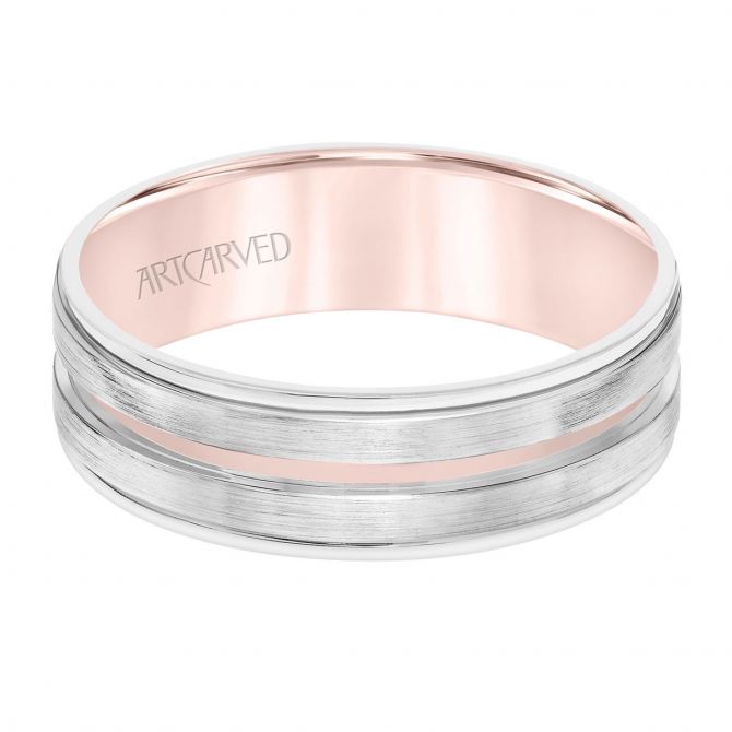 ArtCarved White Gold Brushed Comfort Fit 6.5 Wedding Band with Rose Gold Stripe, Size 10