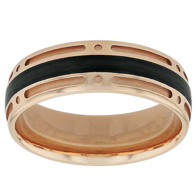 Furrer-Jacot Rose Gold & Black Carbon Fiber Groove & Divot Wedding Band, Size 10