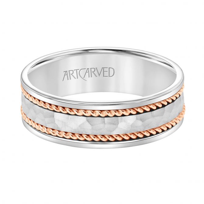 ArtCarved Men's White & Rose Gold Hammered and Twisted Texture Wedding Band, Size 10