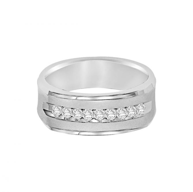 7 mm Diamond Channel Set Wedding Band with Satin Center & Beveled Edge in White Gold, Size 10