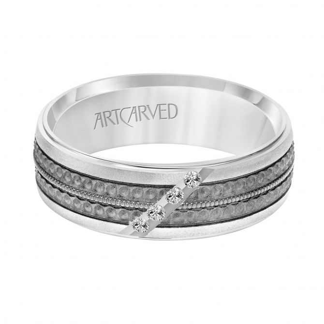 ArtCarved Diamond Inlay 7 mm Wedding Band in White Gold with Black Rhodium, Size 10