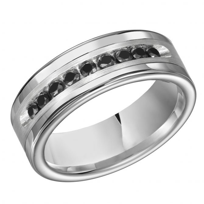 Black Diamond Channel Set 8 mm Wedding Band in Tungsten & Sterling Silver, Size 10