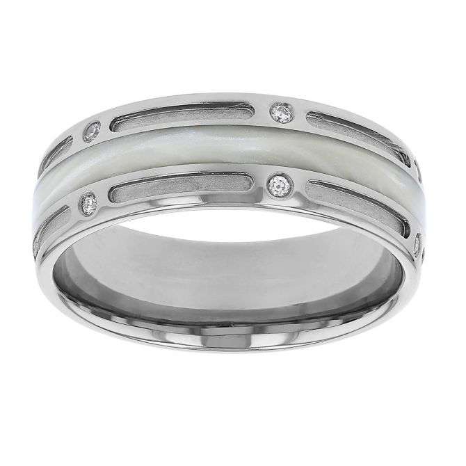 Furrer-Jacot White Gold & White Ceramic Groove & Diamond Wedding Band, Size 9.5