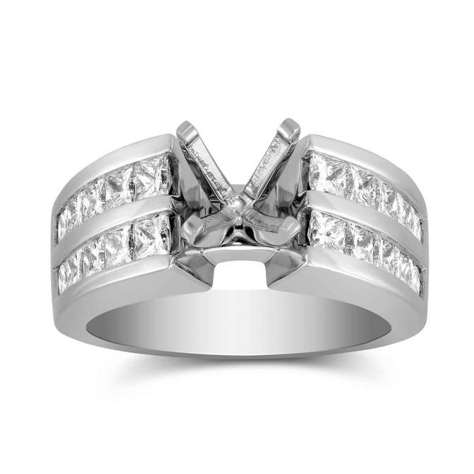 Platinum Double Channel Set Princess Cut Low Cathedral Style Diamond Ring Setting