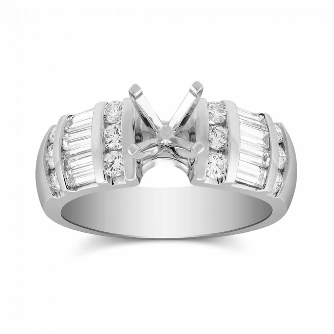 White Gold Vertical Channel Set Round and Baguette Damond Ring Setting