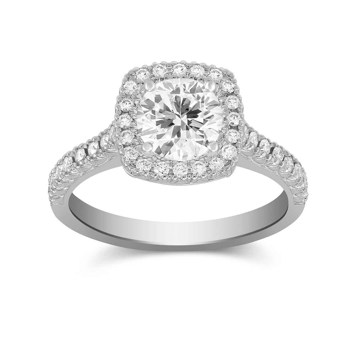 18K White Gold Prong Set Round Diamond Square Halo Ring Setting | Borsheims