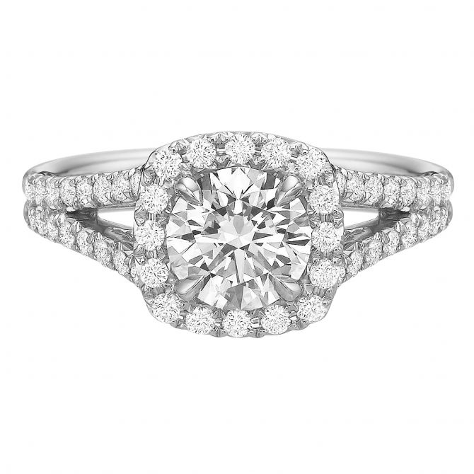 Diamond Cushion Halo & Split Shank Ring Setting in White Gold