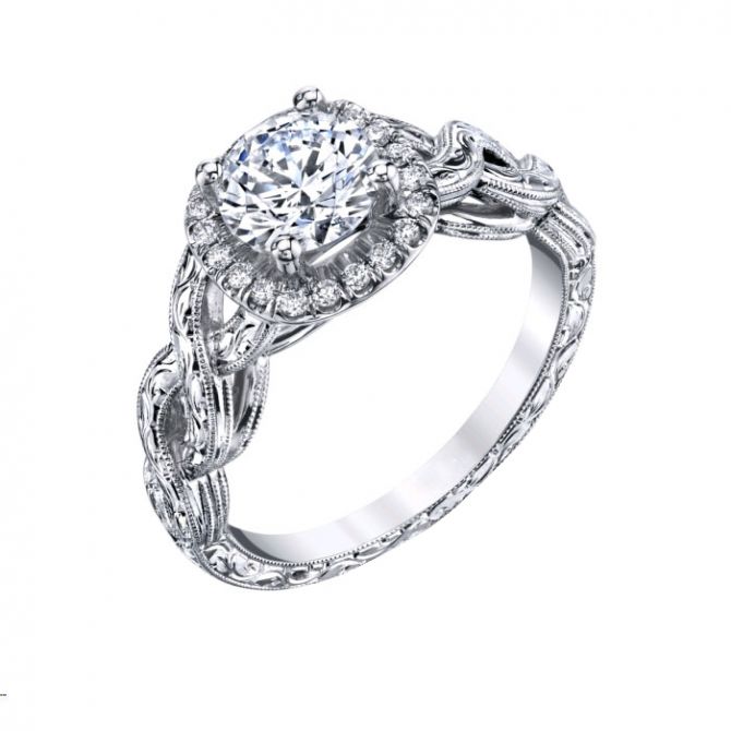 Diamond Halo Ring Setting with Engraved Criss Cross  Shank in White Gold