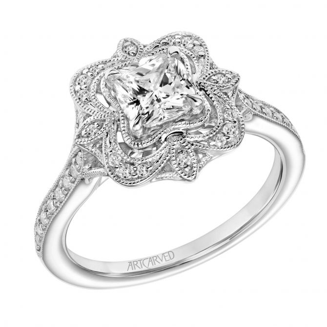 ArtCarved Helena Ring Setting with Diamond Milgrain Halo & Shank in White Gold