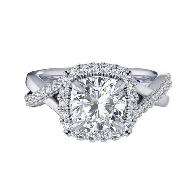 14K White Gold Ring Setting with Diamond Cushion Halo and Crossover Shank