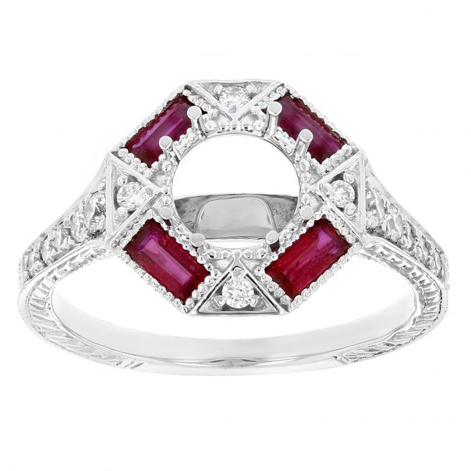 14K White Gold Baguette Ruby & Diamond Patterned Milgrain Ring Setting