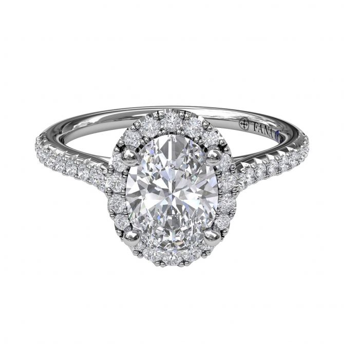 Diamond Oval Halo Ring Setting with French Pave Shank in White Gold