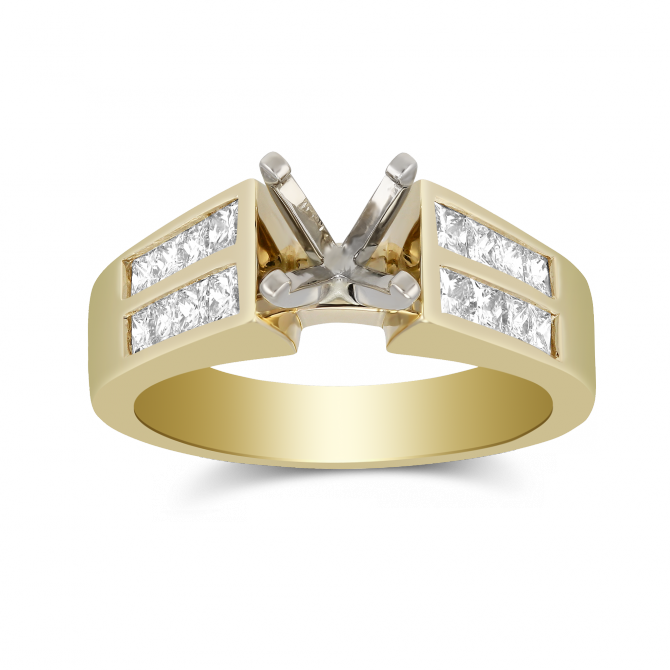 Yellow Gold Double Channel Set Princess Cut Diamond Cathedral Style Ring Setting