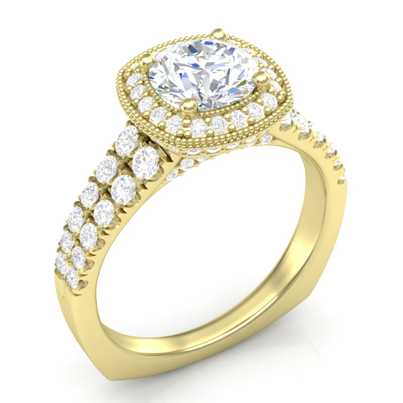 Diamond Milgrain Halo Ring Setting with 2 Row Pavé Shank in Yellow Gold ...