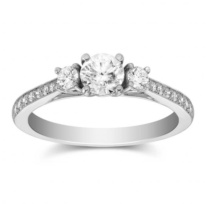 White Gold Diamond 3 Stone Engagement Ring with Diamond Milgrain Shank, 0.87 ct