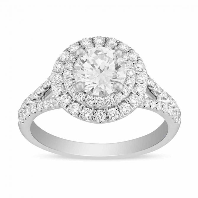 White Gold Round Diamond Engagement Ring with Double Halo & Split Shank, 1.12 ct