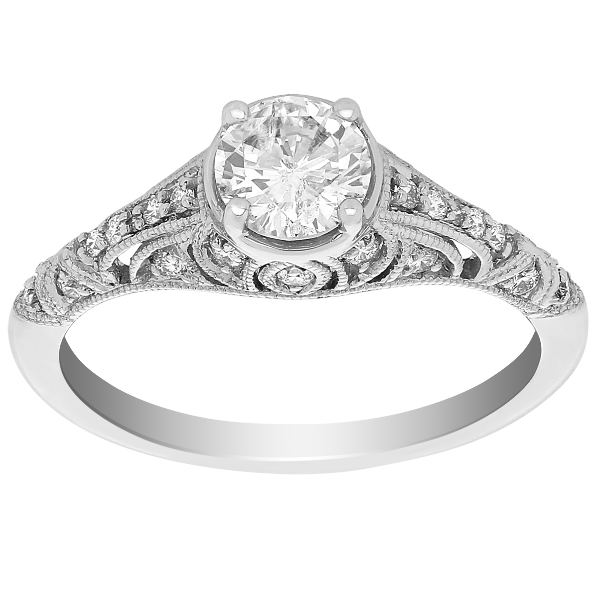 Round Diamond Milgrain & Filigree Engagement Ring in White Gold, .60 ct ...