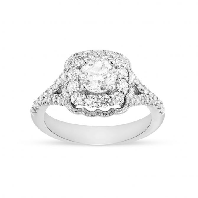 White Gold Diamond Engagement Ring with Double Scalloped Halo & Split Shank, 1.59 ct