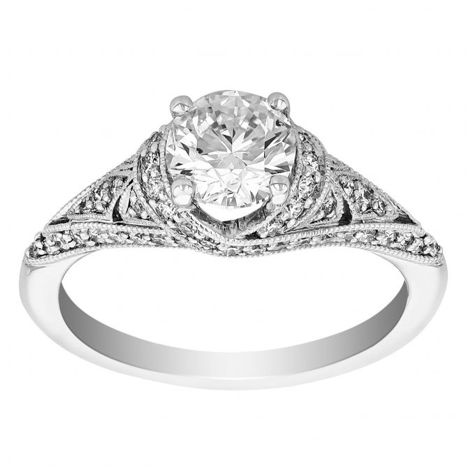 Round Diamond Vintage Style Milgrain Engagement Ring in White Gold, .97 ct