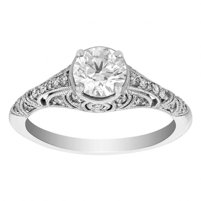 Diamond Milgrain Openwork Vintage Style Engagement Ring in White Gold