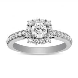 White Gold Diamond Cushion Halo Engagement Ring with Diamond Shank, 1.01 ct