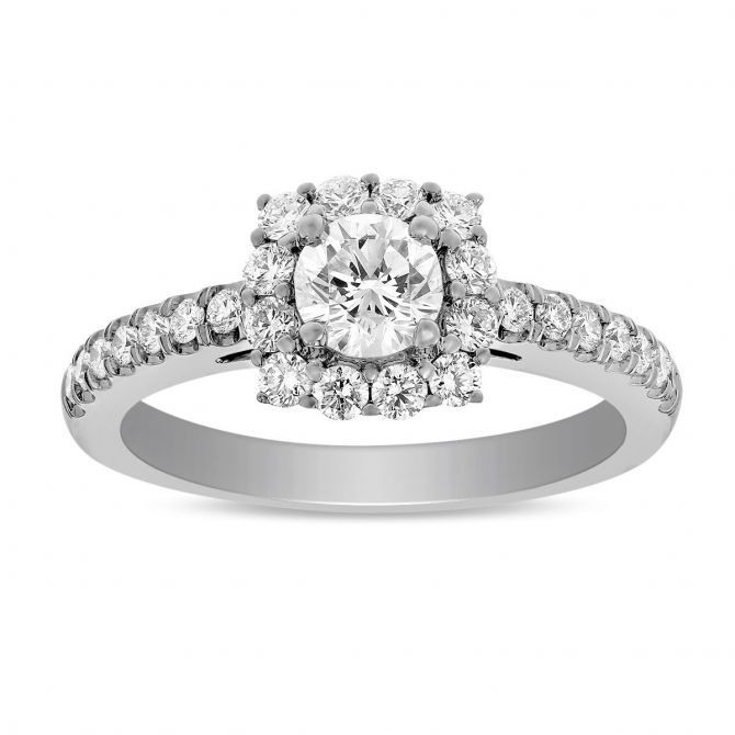 White Gold Diamond Cushion Halo Engagement Ring with Diamond Shank, 1.01 ct