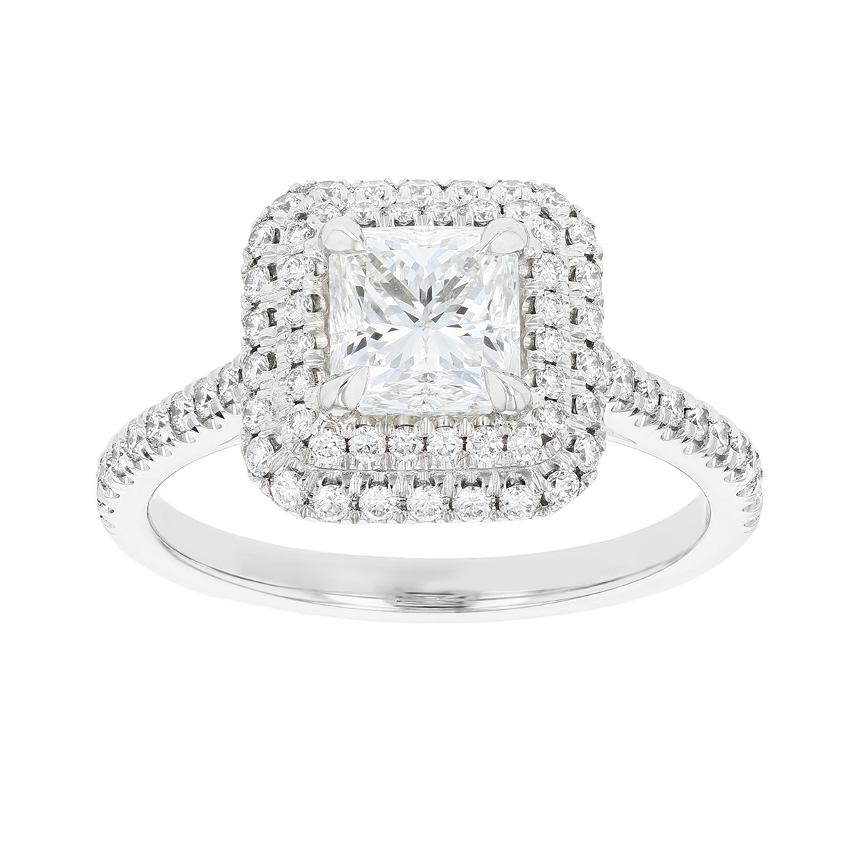 18K White Gold Square Signature Diamond Double Halo Ring, 1.02ct ...