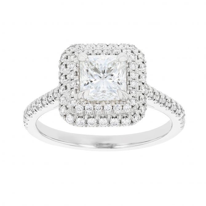 18K White Gold Square Signature Diamond Double Halo Ring, 1.02ct