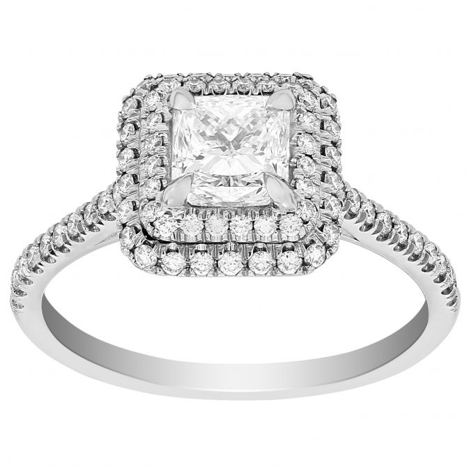 18K White Gold Square Signature Diamond Double Halo Ring, 1.01ct